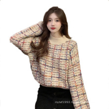 Wholesale Factory Price Woman Color Block Plaid Pullover Sweater High Neck Sweaters Women